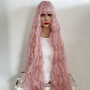 Pink cosplay wig with bangs straight 36'' wavy